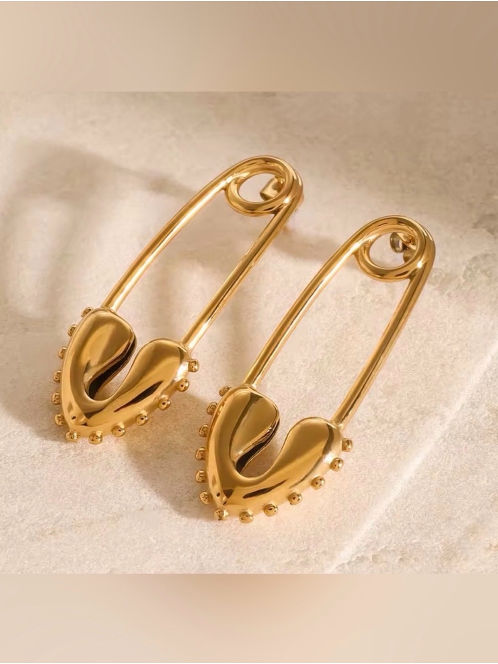 Gold Heart Safety Pin Earrings - Waterproof Stainless Steel